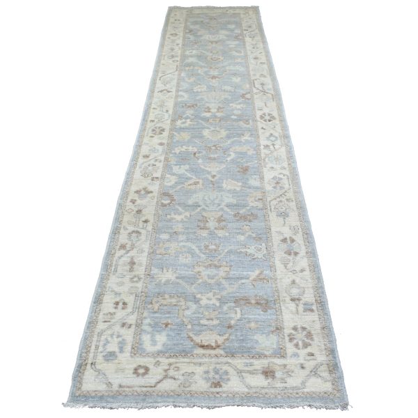 3'x13'7" Gray, Afghan Angora Ushak with All Over Motifs, Pure Wool, Hand Knotted, Oriental Runner Rug HR70188