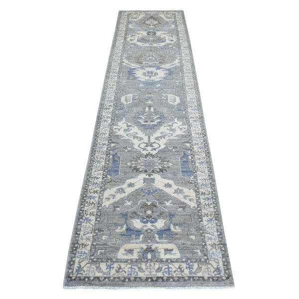 2'6"x11'6" Extra Soft Wool Hand Knotted Gray Afghan Peshawar with Geometric Design Oriental Runner Rug HR70226