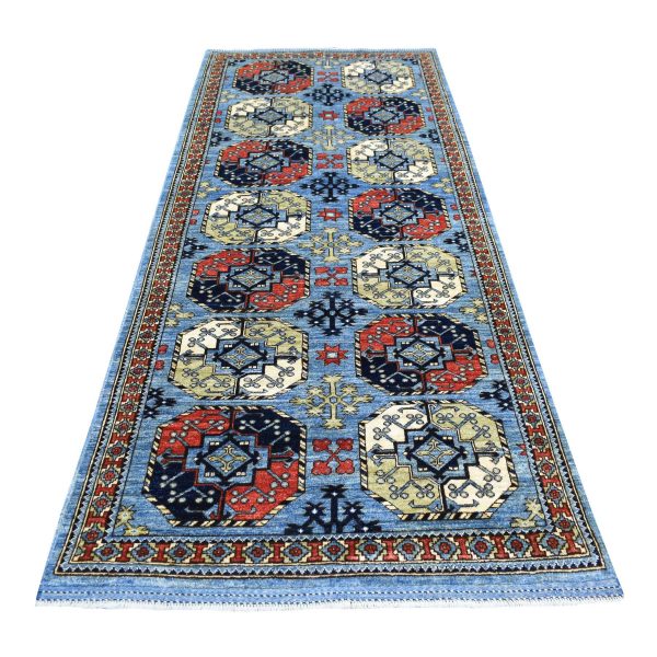 4'1"x9'9" Extra Soft Wool Hand Knotted Blue Afghan Ersari with Elephant Feet Design Oriental Wide Runner Rug HR70392