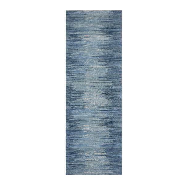 4'1"x12'2" Blue with Touches of Ivory Hand Knotted Zero Pile Pure Wool Only Horizontal Ombre Design Oriental Wide Runner Rug HR75020