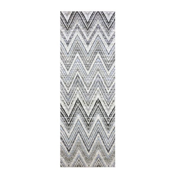4'2"x12'4" Ivory Chevron Design Modern Textured Wool and Pure Silk Hand Knotted Oriental Wide Runner Rug HR75030
