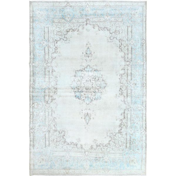 9'1"x13'4" Vintage Persian Kerman, Distressed Look, Worn Wool, Sheared Low, Hand Knotted, Ivory, Oriental Rug HR61712