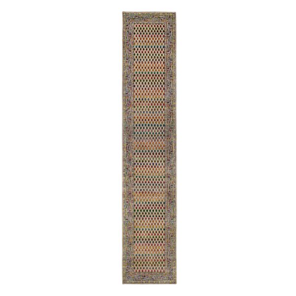 2'5"x12' Beige Sarouk Mir Inspired With Repetitive Boteh Design Colorful Wool And Sari Silk Hand Knotted Oriental Runner Rug HR63218