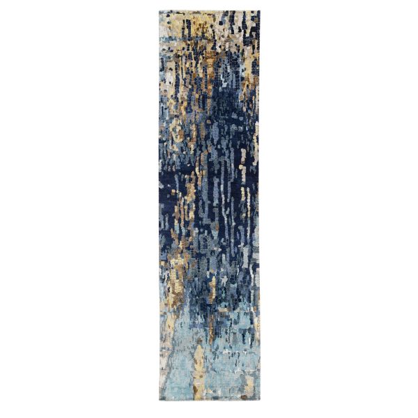 2'6"x10' Denim Blue with Mix of Gold, Mosaic Design, Hand Knotted, Wool and Silk, Runner Rug HR63666