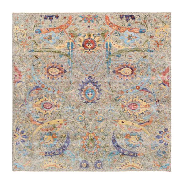 8'x8' Taupe, Hand Knotted, Sickle Leaf Design, Silk With Textured Wool, Oriental, Square Rug HR63683
