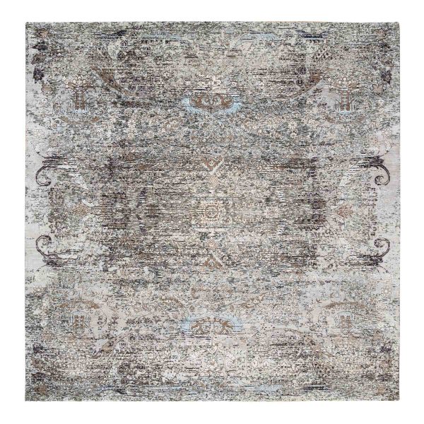 8'1"x8'1" Gray, Hand Knotted, Modern, Transitional Persian Influence Erased Medallion Design, Silk with Textured Wool, Oriental, Square Rug HR63684