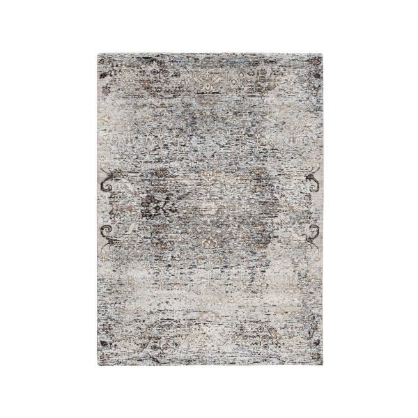 4'1"x6' Gray, Modern, Transitional Persian Influence Erased Medallion Design, Silk with Textured Wool, Hand Knotted, Oriental Rug HR63694