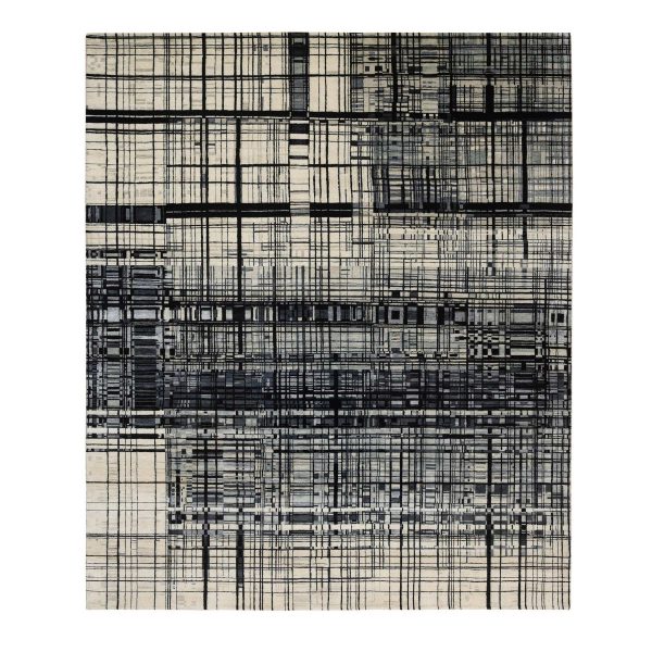8'2"x9'9" Black, Modern Lines Design, Ghazni Wool, Hand Knotted, Oriental Rug HR63702