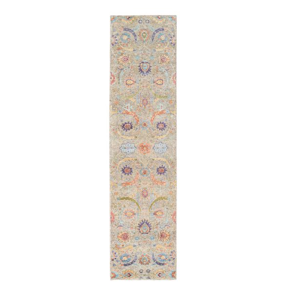 2'5"x10'1" Taupe, Sickle Leaf Design, Silk With Textured Wool, Hand Knotted, Oriental, Runner Rug HR63717