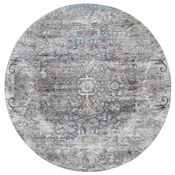 11'10"x11'10" Gray, Silk with Textured Wool, Hand Knotted, Modern, Transitional Persian Influence Erased Medallion Design, Oriental, Round Rug HR63726