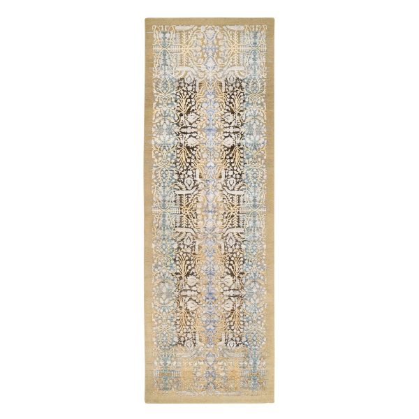4'x12' Honey Brown, Silk With Textured Wool, Hand Knotted, Transitional Sarouk, Oriental, Wide Runner Rug HR63733
