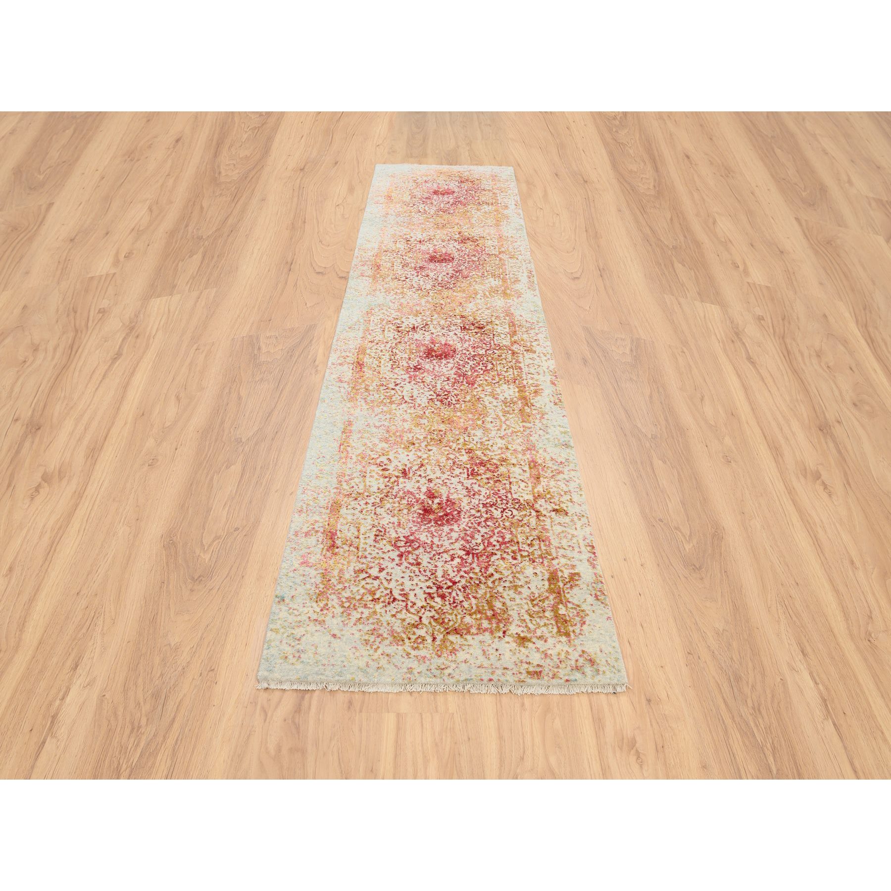 2'6"x11'10" Pink, Persian Erased Medallion Design, Wool and Pure Silk, Hand Knotted, Oriental, Runner Rug HR63760 - Image 2
