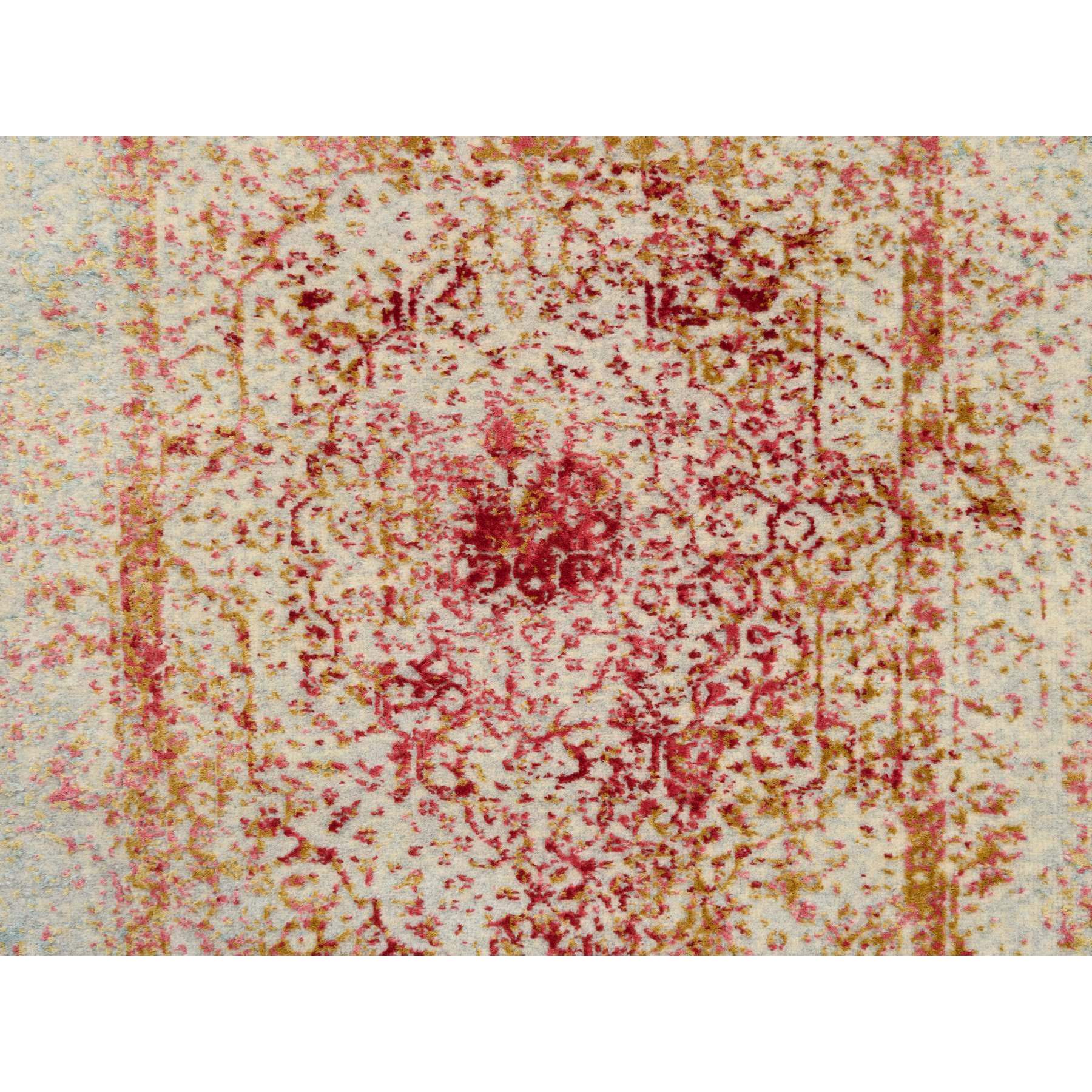 2'6"x11'10" Pink, Persian Erased Medallion Design, Wool and Pure Silk, Hand Knotted, Oriental, Runner Rug HR63760 - Image 5