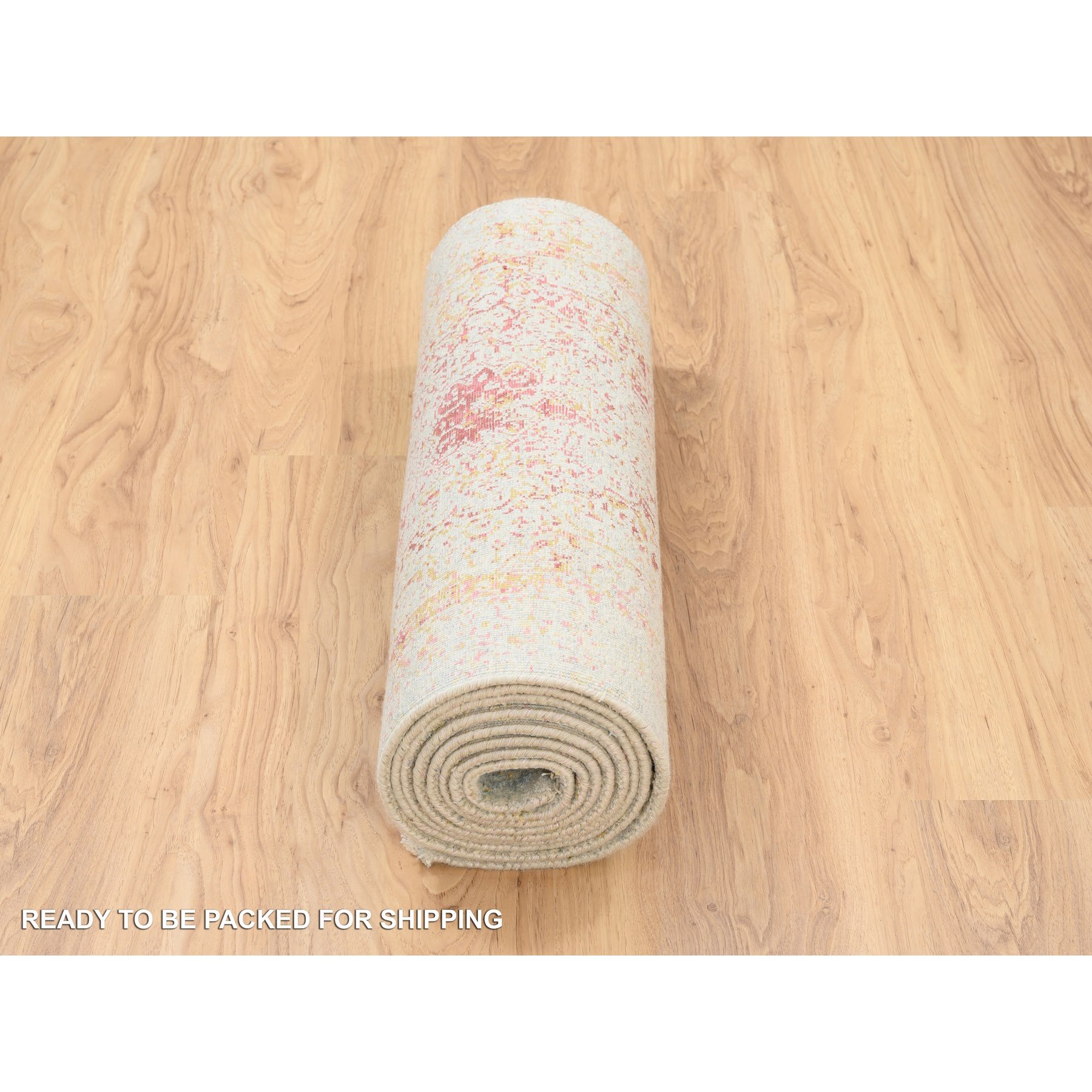 2'6"x11'10" Pink, Persian Erased Medallion Design, Wool and Pure Silk, Hand Knotted, Oriental, Runner Rug HR63760 - Image 6