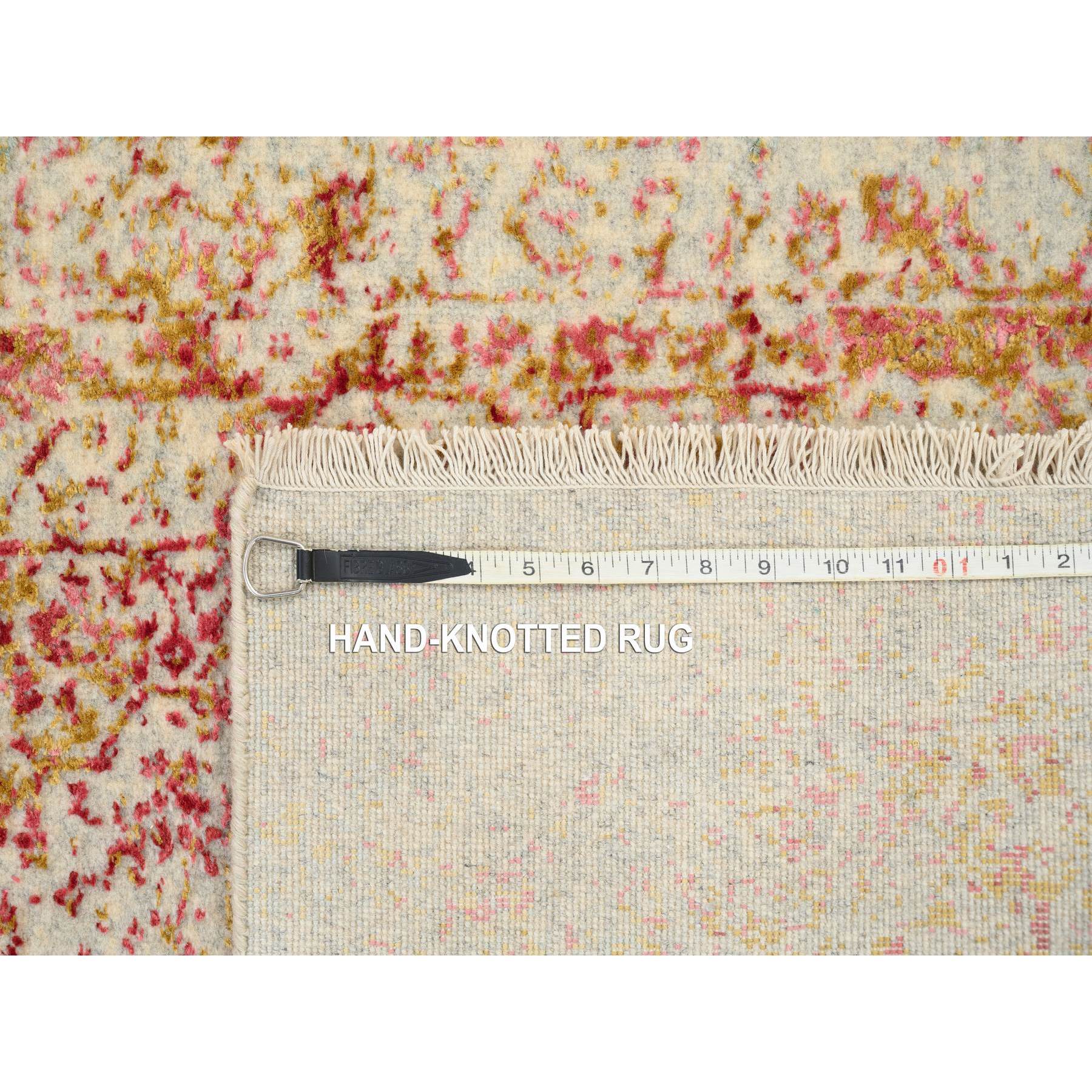 2'6"x11'10" Pink, Persian Erased Medallion Design, Wool and Pure Silk, Hand Knotted, Oriental, Runner Rug HR63760 - Image 8