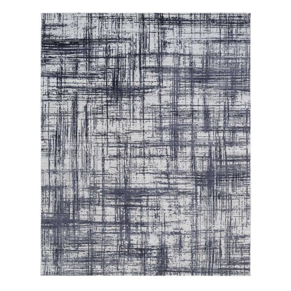 7'10"x10' Charcoal Black, Hand Loomed, Modern Erased Lines Design, Wool and Plant Based Silk, Oriental Rug HR63788