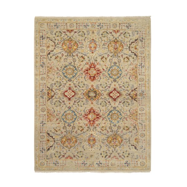 5'2"x7' Beige, Hand Knotted, THE SUNSET ROSETTES with Soft Colors, Wool and Pure Silk, Oriental Rug HR63796