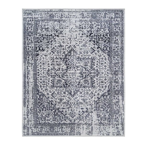 8'10"x11'10" Charcoal Black, Erased Serapi Heriz Design, Jacquard Hand Loomed, Wool and Plant Based Silk, Oriental Rug HR63827