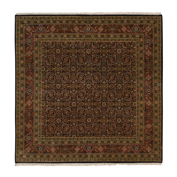 5'9"x5'9"  Midnight Blue Herati with All Over Fish Design, Hand Knotted, Wool and Silk 175 KPSI, Dense Weave, Oriental Square Rug HR63843