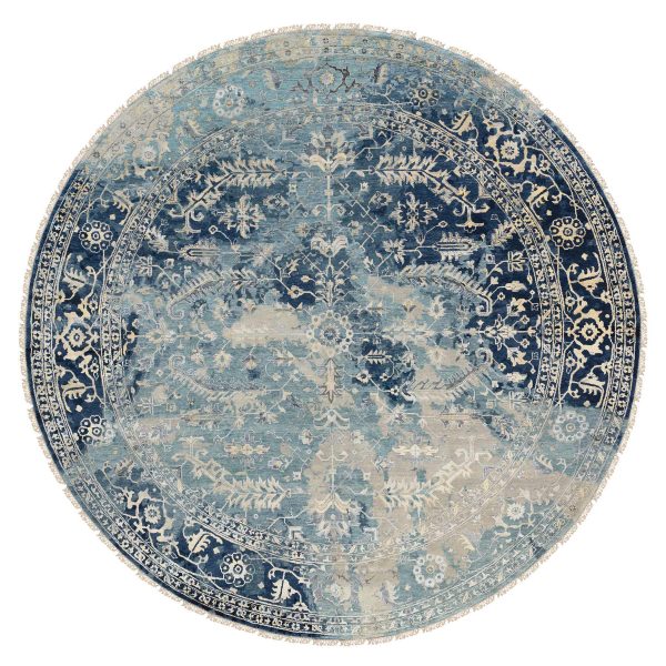 11'10"x11'10" Navy Blue, Broken Persian Heriz Erased Design Wool and Silk, Hand Knotted, Round Oriental Rug HR63893