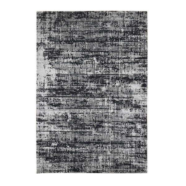 5'10"x9' Black and Silver, Modern, Wool and Plant Based Silk, Hand Loomed, Oriental Rug HR80033