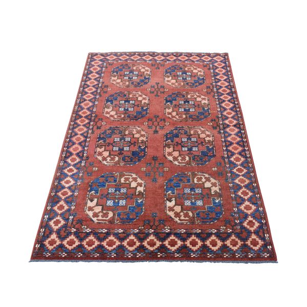 4'x6'8" Coral Red, Afghan Ersari with Geometric Elephant Feet Design, Soft Wool, Hand Knotted, Oriental Rug HR80045