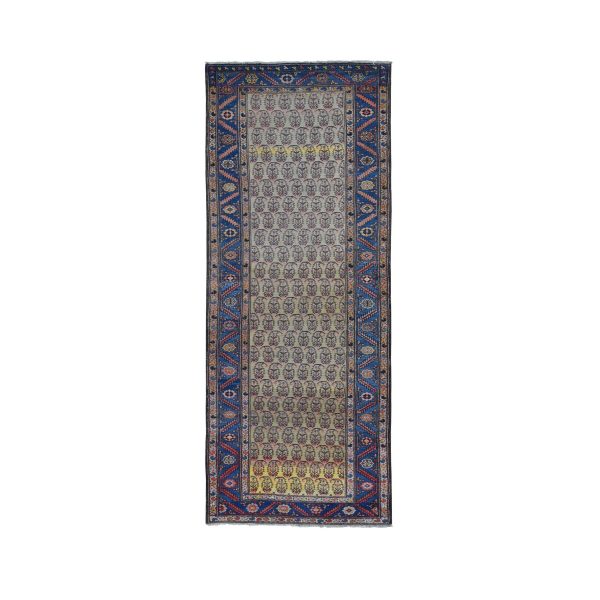 4'x10'3" Yellow, Antique Persian Bakshaish Abrash Paisley Design with Serrated Leaf Border, Excellent Condition Pure Wool, Clean Hand Knotted, Wide Runner Oriental Rug HR80058