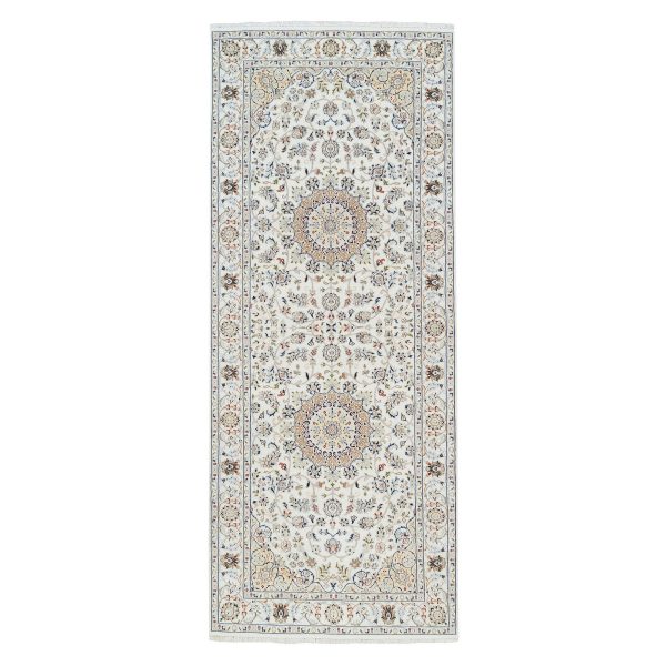 4'2"x10'1" Ivory, Nain with Center Medallion Design, 250 KPSI Wool and Silk Hand Knotted, Wide Runner Oriental Rug HR63964