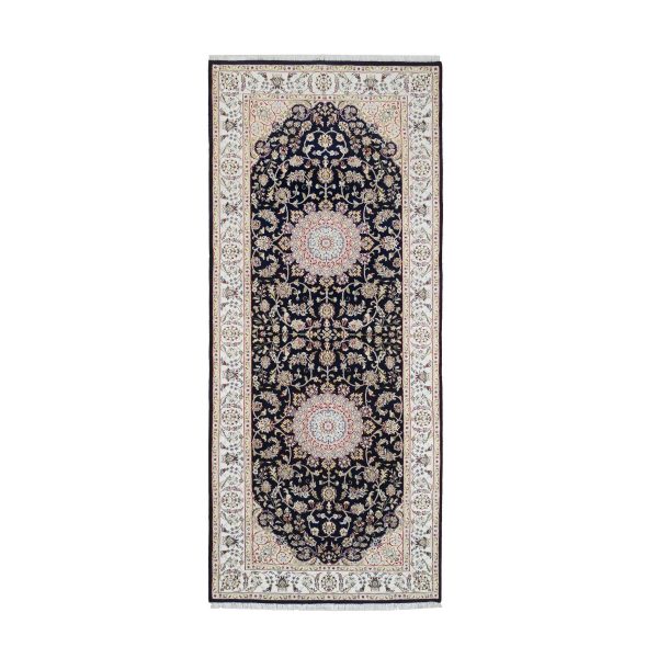 4'2"x10'4" Midnight Blue, Hand Knotted Nain with Medallion Design, 250 KPSI Wool and Silk, Wide Runner Oriental Rug HR64007