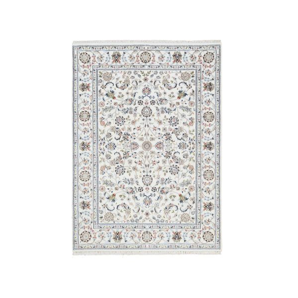 4'10"x6'8" Ivory, Nain with All Over Design, 250 KPSI Wool and Silk Hand Knotted, Oriental Rug HR64030