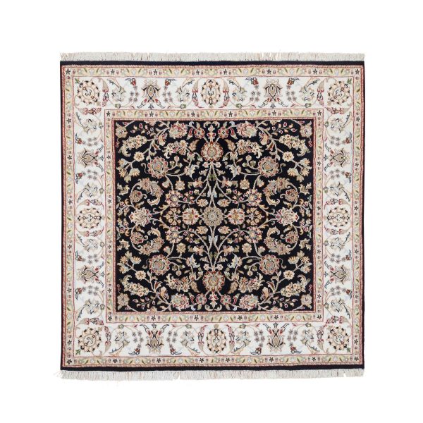 5'x5' Midnight Blue, Hand Knotted Nain All Over Design, 250 KPSI Wool and Silk, Square Oriental Rug HR64043