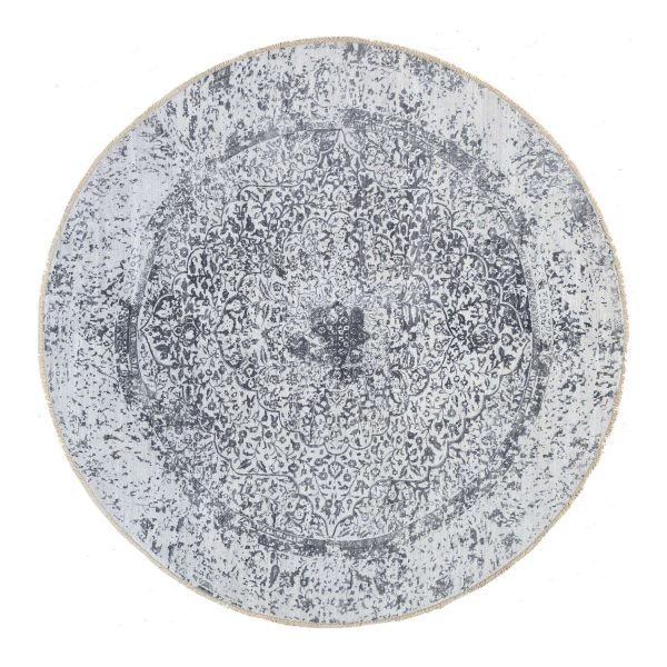 9'9"x9'9" Silver Gray, Erased Persian Design, Wool and Pure Silk Hand Knotted, Round Oriental Rug HR64059