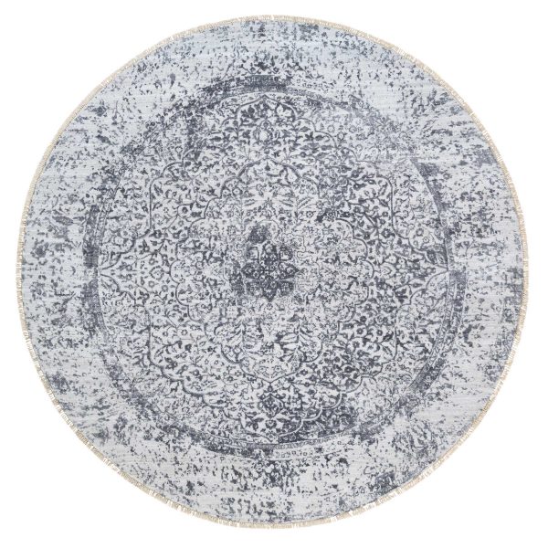 7'10"x7'10" Silver Gray, Erased Persian Design, Wool and Pure Silk Hand Knotted, Round Oriental Rug HR64086