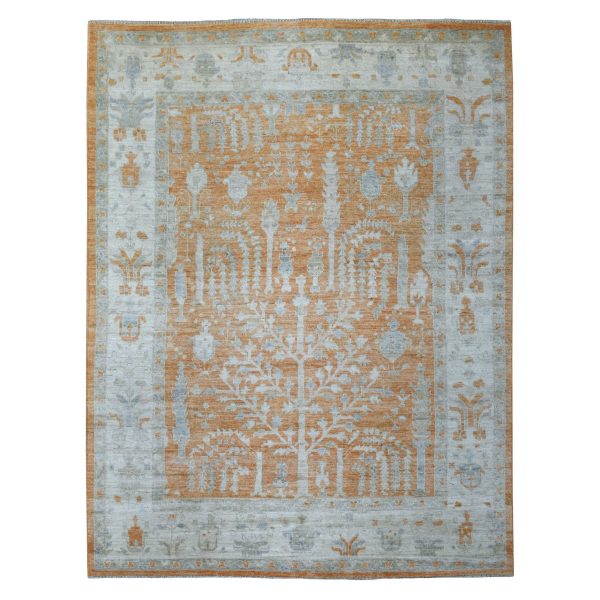 7'10"X10'2" Almond Brown, Natural Wool, Afghan Angora Oushak with Cypress and Willow Tree Design, Hand Knotted, Oriental Rug HR70575