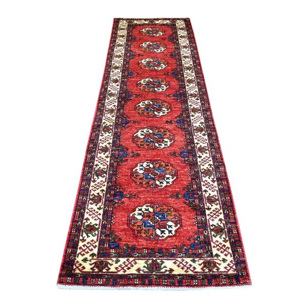 2'9"x9'10" Coral Red, Hand Knotted Turkeman Ersari with Elephant Feet Design, Natural Dyes Densely Woven Pure Wool, Runner Oriental Rug HR70613