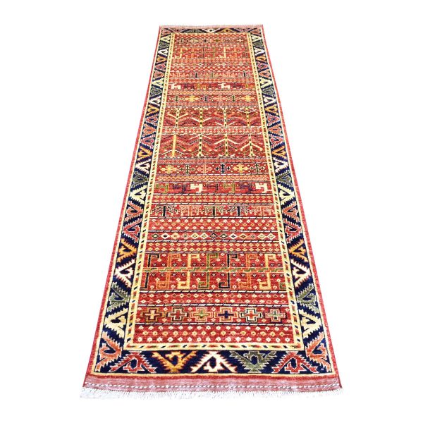 2'8"x9'7" Coral Red, Afghan Ersari with Ancient Animal Figurines, Natural Dyes, Densely Woven, Extra Soft Wool, Hand Knotted, Runner Oriental Rug HR70618