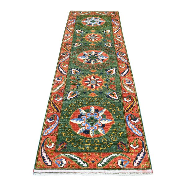 2'10"x9'9" Olive Green, Soft Wool, Hand Knotted, Turkeman Ersari with Tribal Medallion Design, Natural Dyes, Densely Woven, Runner Oriental Rug HR70619