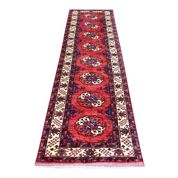2'8"x9'7" Coral Red, Afghan Ersari with Elephant Feet Design, Natural Dyes, Densely Woven, 100% Wool, Hand Knotted, Runner Oriental Rug HR70620