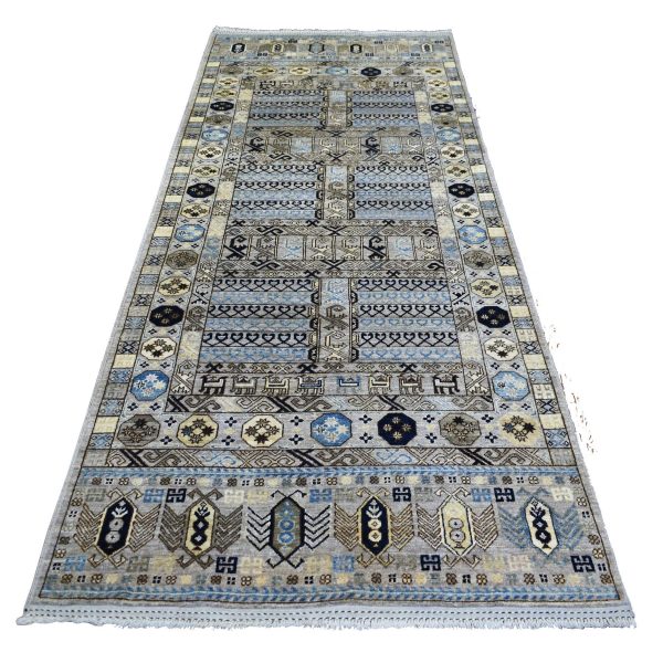 4'1"x9'7" Light Gray, Turkeman Ersari with Prayer Design Natural Dyes, Densely Woven Pure Wool Hand Knotted, Wide Runner Oriental Rug HR70637