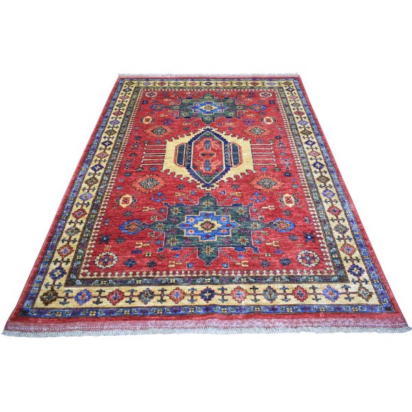 5'7"x7'7" Coral Red Hand Knotted Natural Dyes, Afghan Ersari with Geometric Design, Pure Wool Oriental Rug HR70647