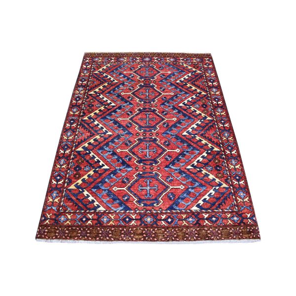 4'1"x6' Brick Red Afghan Ersari with Geometric Repetitive Triangle Design, Natural Dyes, Hand Knotted Pure Wool Oriental Rug HR70917