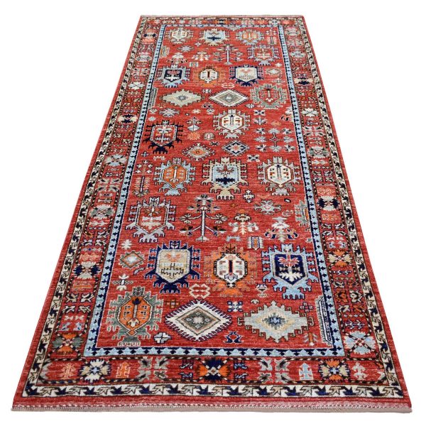 4'x9'7" Coral Red Afghan Ersari with Large Elements Design, Natural Dyes, Hand Knotted, Soft and Shiny Wool Wide Runner Oriental Rug HR70994