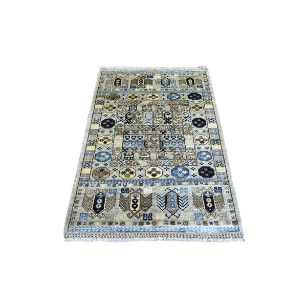 3'3"x4'10" Gray Hand Knotted, Natural Dyes Afghan Ersari with Tribal Design Soft and Shiny Wool Oriental Rug HR71071