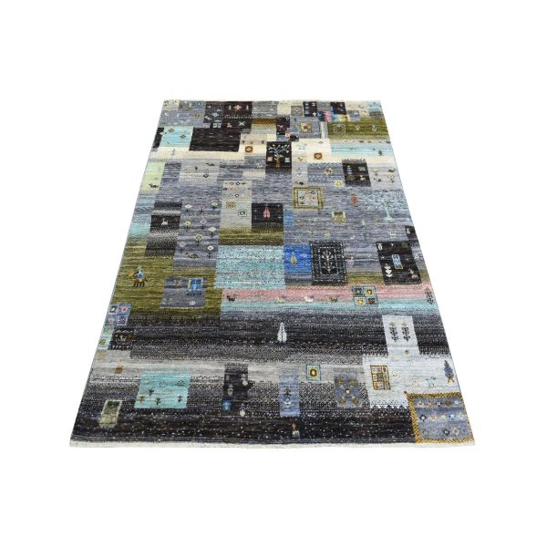 4'x5'10" Colorful, Afghan Kashkuli Gabbeh with Pictorial Design, Natural Dyes, Hand Knotted, Influenced by Folk Inspired Motifs, Hand Spun Wool Oriental Rug HR71253