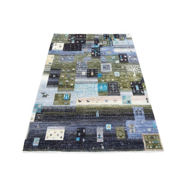 4'x5'10"Charcoal Gray, Hand Knotted, Fairly Short Pile, Afghan Kashkuli Gabbeh with Pictorial Design, Hand Spun Wool Oriental Rug HR71254