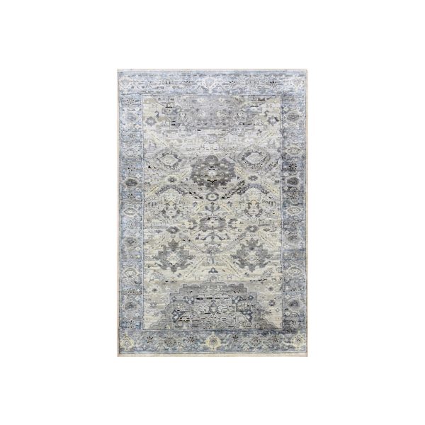 3'x5'2" Gray, Hand Knotted Oushak With Geometric Motif, Pure Silk And Textured Wool, Oriental Rug HR75037
