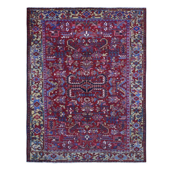 7'9"x9'9" Tomato Red With Gold, Persian Heriz All Over Geometric Design, Pure Wool, Full Pile, Excellent Condition, Hand Knotted, Clean, Sides and Ends Professionally Secured, Oriental Rug HR80069