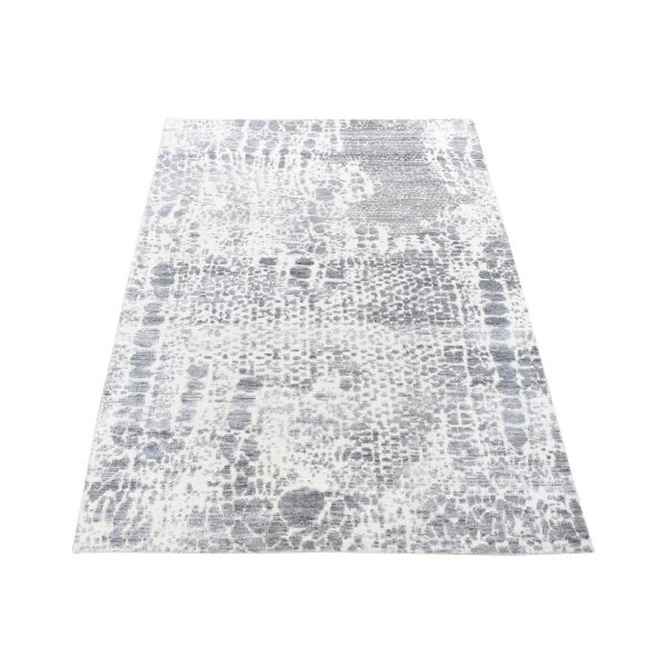 4'x6' Ivory, Modern Design, Hand Knotted Tone on Tone Plant Based Silk with Textured Wool, Oriental Rug HR80077