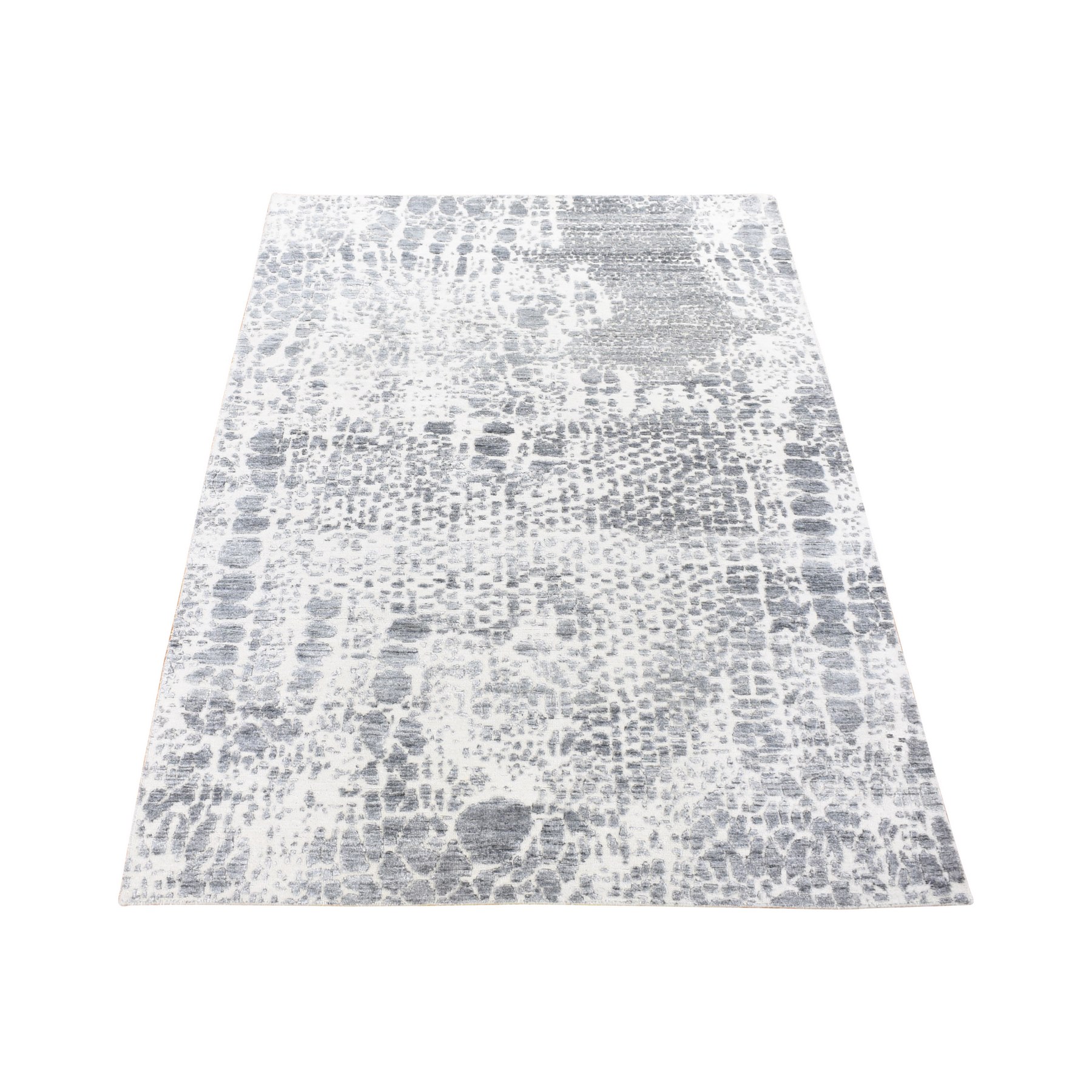 4'x6' Ivory, Modern Design, Hand Knotted Tone on Tone Plant Based Silk with Textured Wool, Oriental Rug HR80077