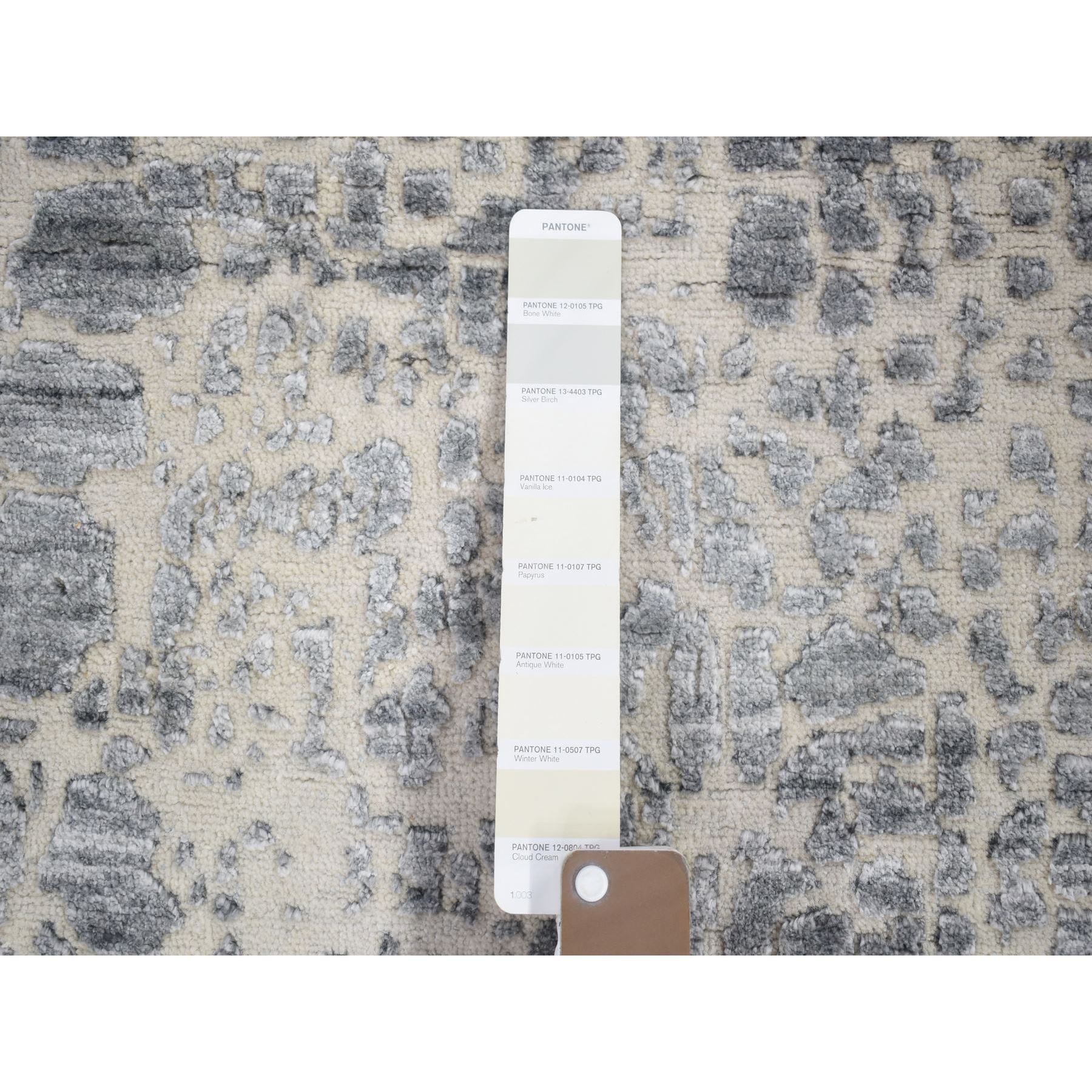 4'x6' Ivory, Modern Design, Hand Knotted Tone on Tone Plant Based Silk with Textured Wool, Oriental Rug HR80077 - Image 6